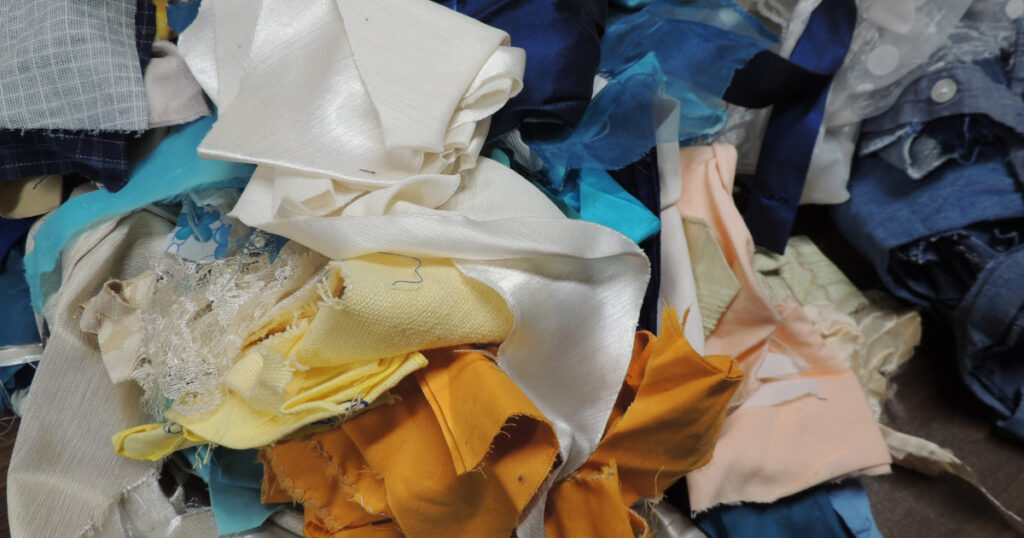 Fabric scraps sorted for colour theme of "at the beach"