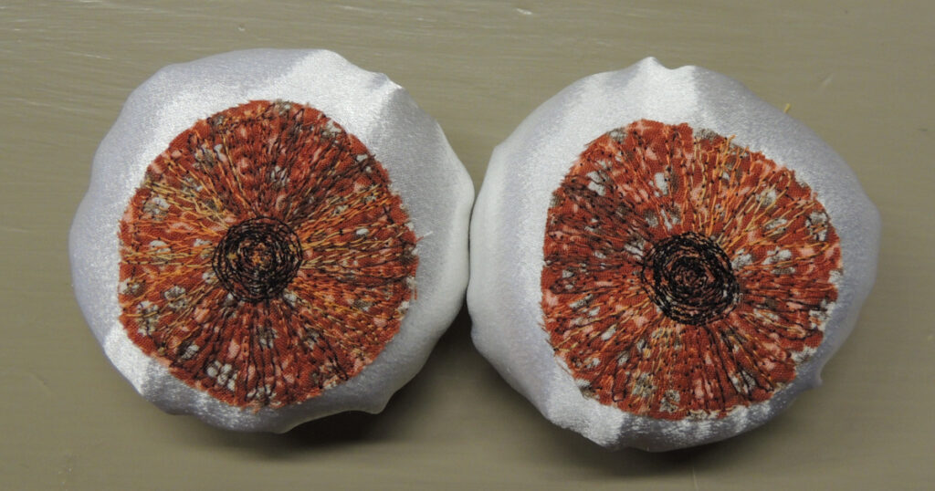 A pair of finished 3D fabric eyes is shown with no extras added.