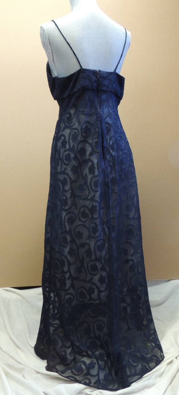 Back view of midnight blue lace overdress