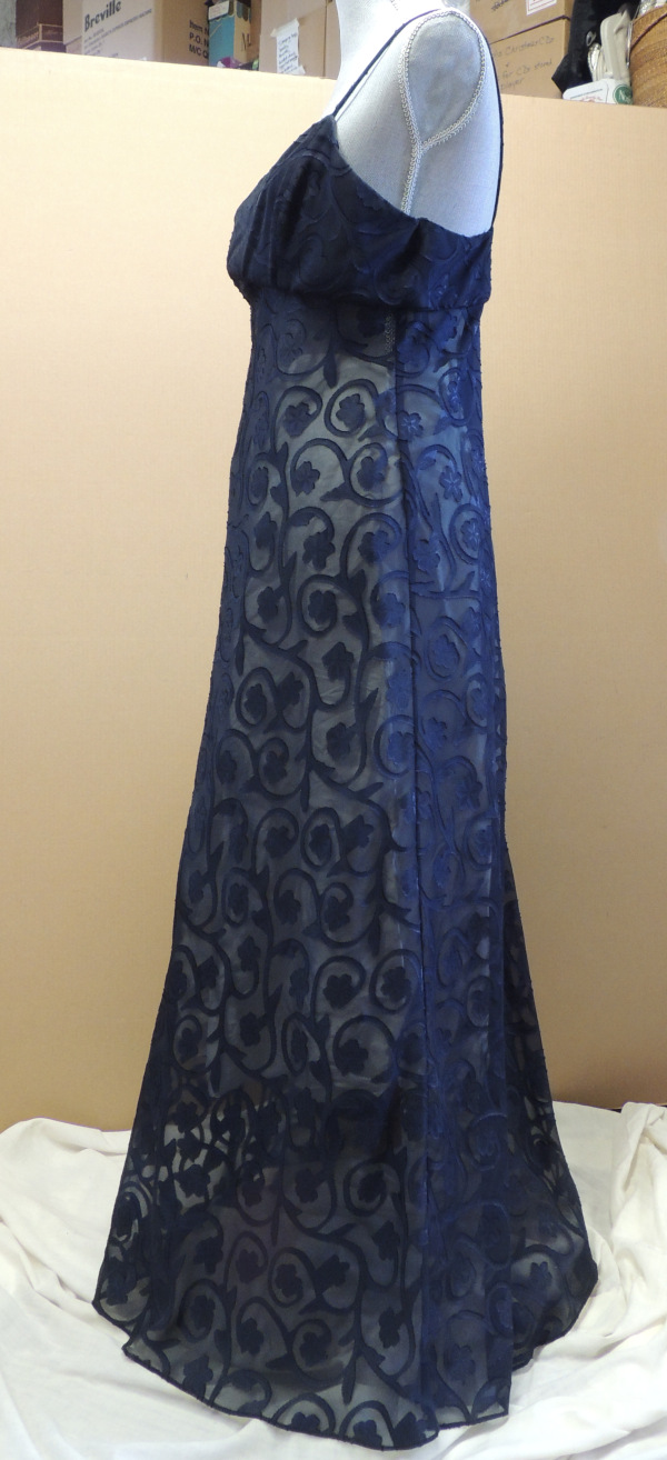 Side view of midnight blue lace overdress